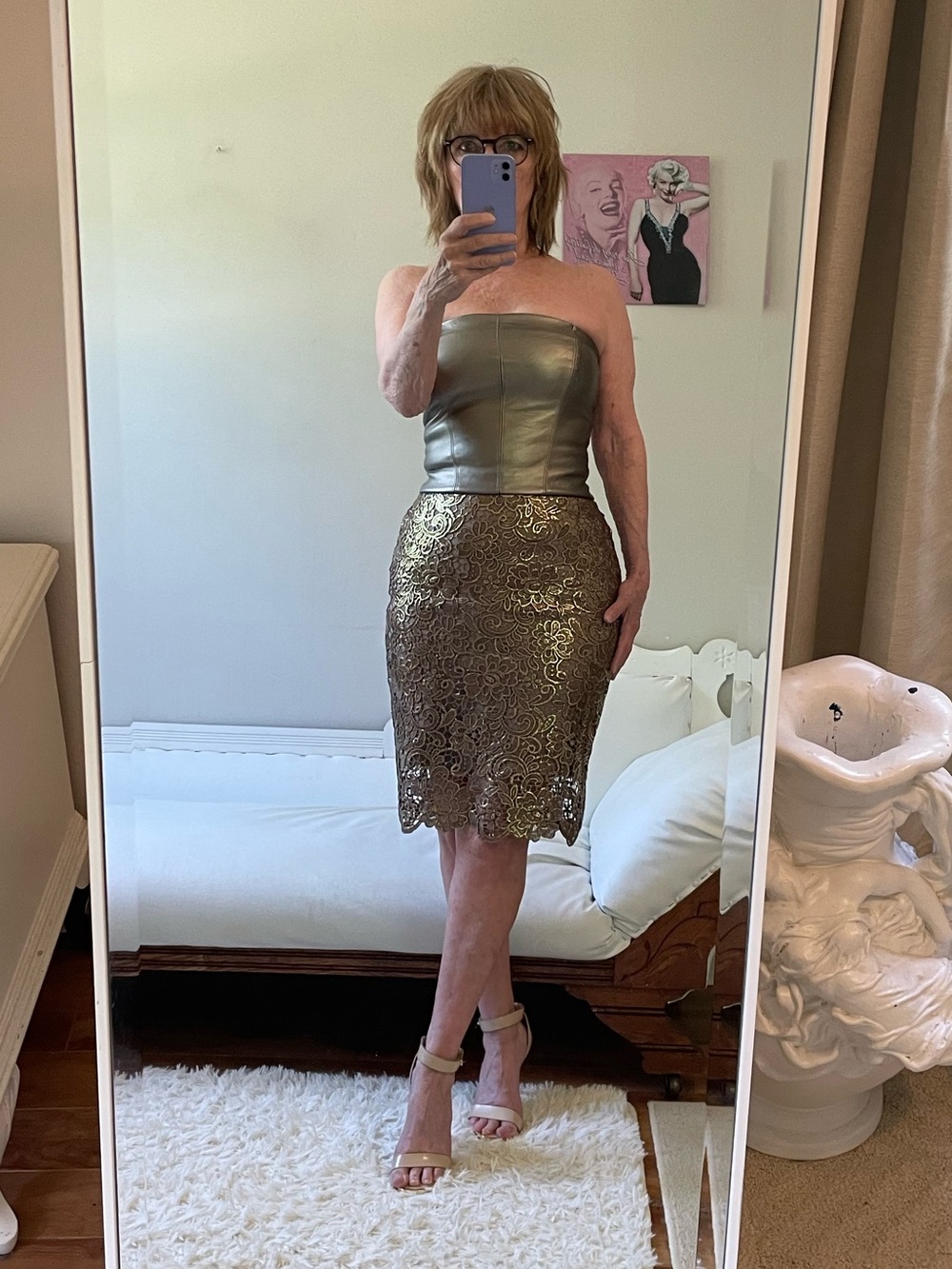 WHBM GOLD BRONZE PENCIL SKIRT METALLIC LACE ZIPPER LINED PETITE